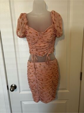 Pink Floral Ruched Pencil Skirt